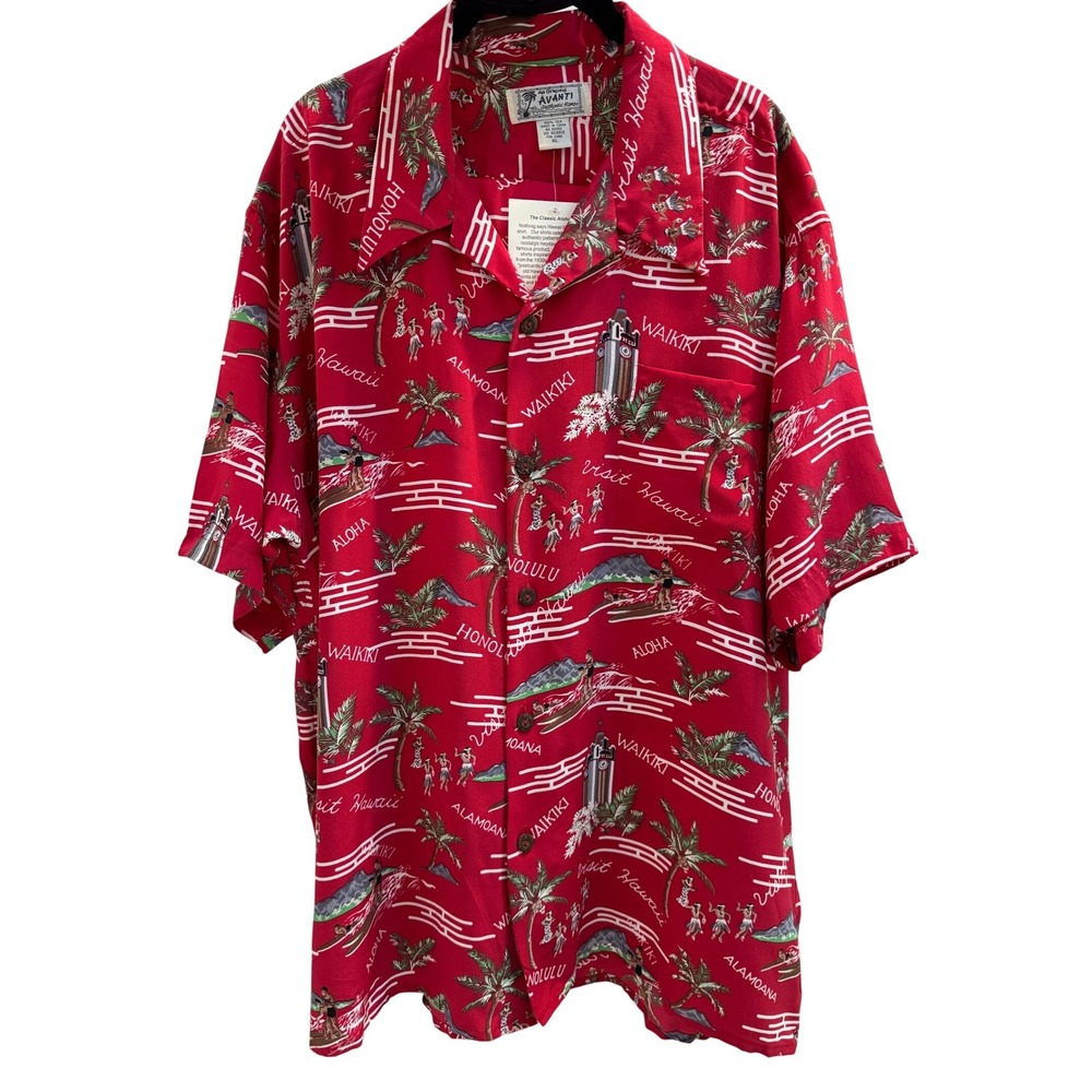 NWT Avanti Silk Aloha Shirt Mens XL Red Visit Hawaii Postcard Print Short Sleeve